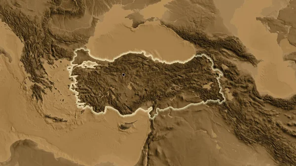 Primer Plano Zona Fronteriza Turkiye Mapa Elevación Sepia Punto Capital —  Fotos de Stock