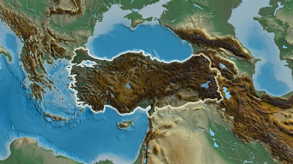 トルコ国境地域のクローズアップは 救援地図上の暗いオーバーレイで強調表示されます 資本ポイント 全国に光る — ストック写真