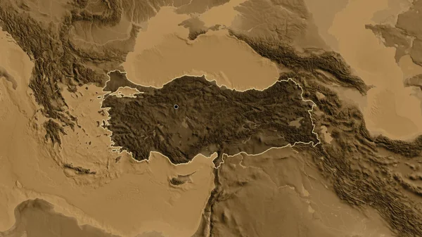 Närbild Turkiyes Gränsområde Med Ett Mörkt Överdrag Sepiahöjdskarta Huvudpunkt Skissera — Stockfoto