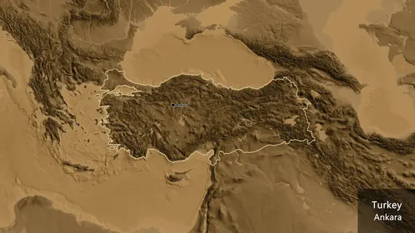 在黑色高地地图上对Turkiye边境地区的特写 资本点 概略地描述一下国家的面貌 国家及其首都的英文名称 — 图库照片