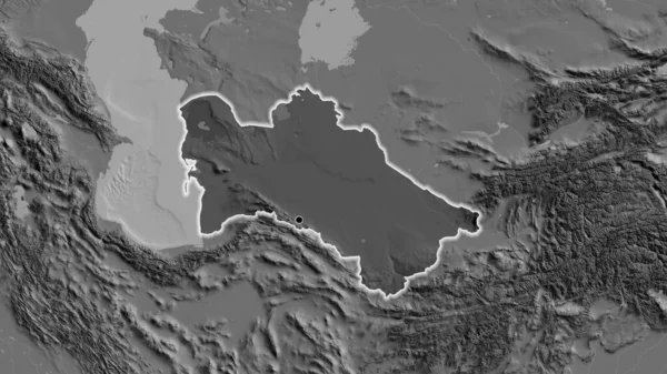 Zbliżenie Strefy Przygranicznej Turkmenistanu Ciemnymi Nakładkami Mapę Dwupoziomową Główny Punkt — Zdjęcie stockowe