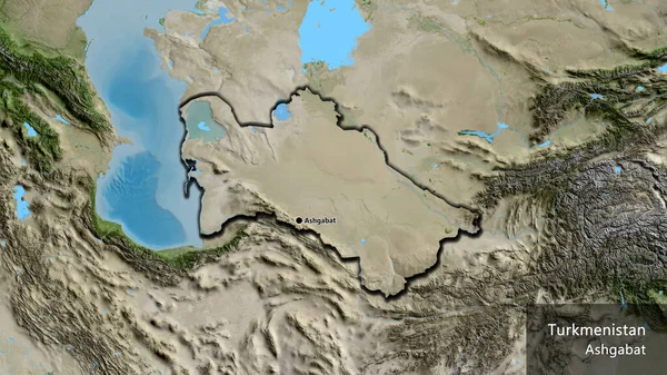衛星地図上のトルクメニスタン国境地帯の閉鎖 資本ポイント 国の形の縁が隠されています 英名国とその首都 — ストック写真