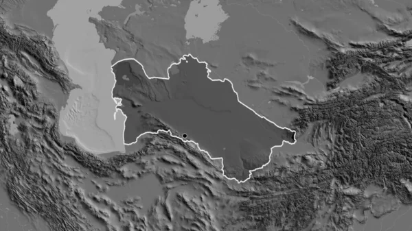 土库曼斯坦边境地区的特写镜头 用双层地图上的黑暗阴影突出显示出来 资本点 国家形貌概述 — 图库照片