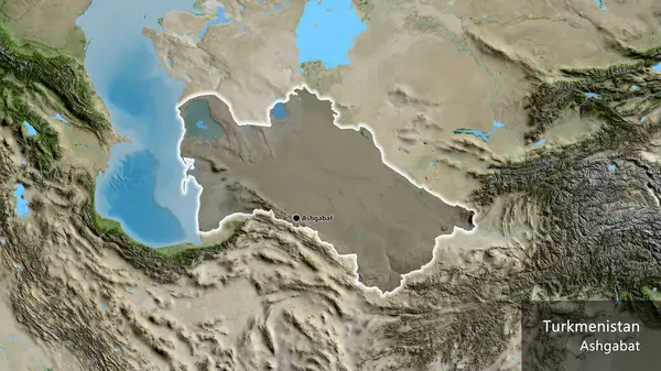 衛星地図上の暗いオーバーレイで強調トルクメニスタン国境地域のクローズアップ 資本ポイント 国の形の周りに光る 英名国とその首都 — ストック写真