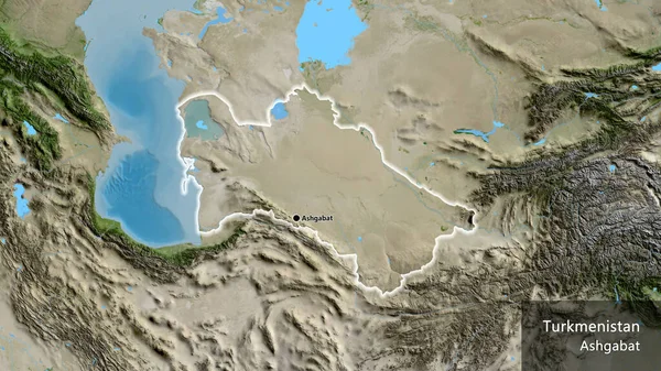 Close Van Het Grensgebied Van Turkmenistan Een Satellietkaart Hoofdpunt Gloeien — Stockfoto
