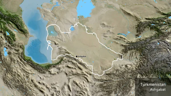 衛星地図上のトルクメニスタン国境地帯の閉鎖 資本ポイント 国の形の周りの概要 英名国とその首都 — ストック写真