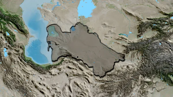 衛星地図上の暗いオーバーレイで強調トルクメニスタン国境地域のクローズアップ 資本ポイント 国の形の縁が隠されている — ストック写真