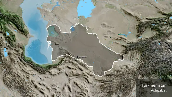衛星地図上の暗いオーバーレイで強調トルクメニスタン国境地域のクローズアップ 資本ポイント 国の形の周りの概要 英名国とその首都 — ストック写真