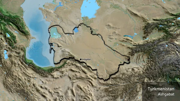 衛星地図上のトルクメニスタン国境地帯の閉鎖 資本ポイント 国の形の縁が隠されています 英名国とその首都 — ストック写真