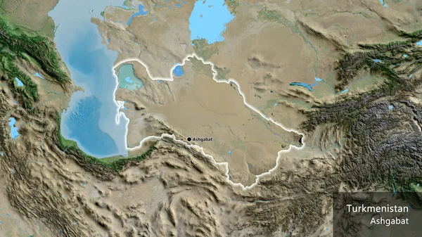 衛星地図上のトルクメニスタン国境地帯の閉鎖 資本ポイント 国の形の周りに光る 英名国とその首都 — ストック写真