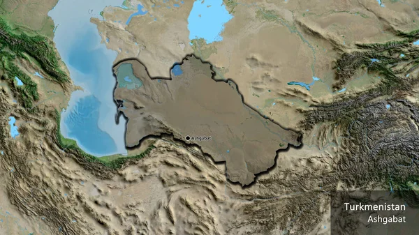 土库曼斯坦边境地区的特写镜头 用卫星地图上的黑暗阴影突出显示 资本点 这个国家的边缘呈斜角状 国家及其首都的英文名称 — 图库照片