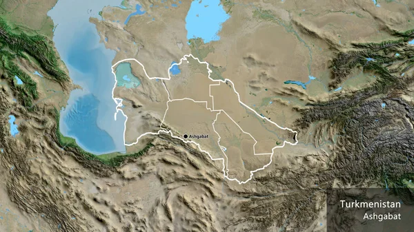 トルクメニスタン国境地域の閉鎖と衛星地図上のその地域の境界線 資本ポイント 国の形の周りの概要 英名国とその首都 — ストック写真