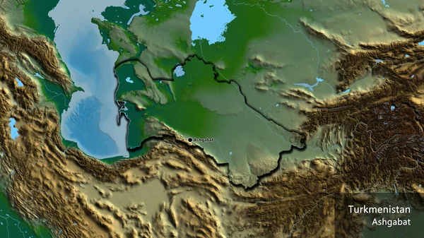 物理的な地図上のトルクメニスタン国境地域の閉鎖 資本ポイント 国の形の縁が隠されています 英名国とその首都 — ストック写真