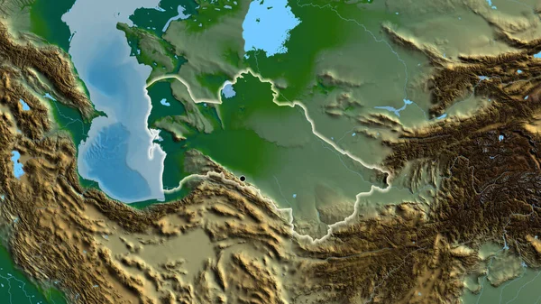 Zbliżenie Strefy Przygranicznej Turkmenistanu Fizycznej Mapie Główny Punkt Blask Wokół — Zdjęcie stockowe