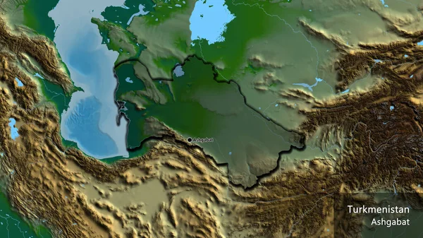 トルクメニスタン国境地帯のクローズアップは 物理的な地図上の暗いオーバーレイで強調しています 資本ポイント 国の形の縁が隠されています 英名国とその首都 — ストック写真