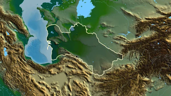 Zbliżenie Strefy Przygranicznej Turkmenistanu Ciemną Nakładką Fizyczną Mapę Główny Punkt — Zdjęcie stockowe