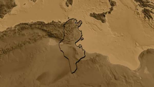 Närbild Tunisien Gränsområde Sepia Höjd Karta Huvudpunkt Skalade Kanter Lantformen — Stockfoto