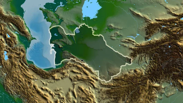 トルクメニスタン国境地帯のクローズアップは 物理的な地図上の暗いオーバーレイで強調しています 資本ポイント 全国に光る — ストック写真