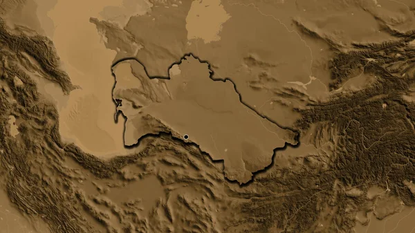在黑色高地地图上对土库曼斯坦边境地区进行的密切监视 资本点 国家形状的斜边 — 图库照片