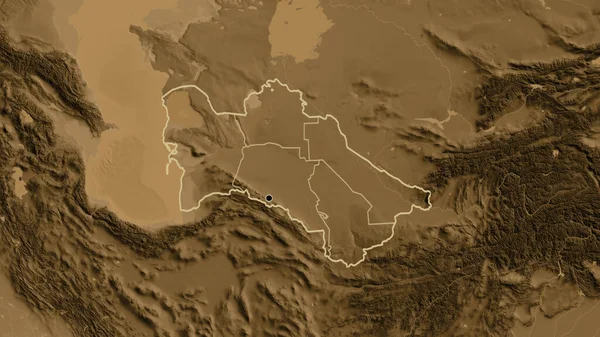 Close Zona Fronteiriça Turquemenistão Suas Fronteiras Regionais Mapa Elevação Sépia — Fotografia de Stock