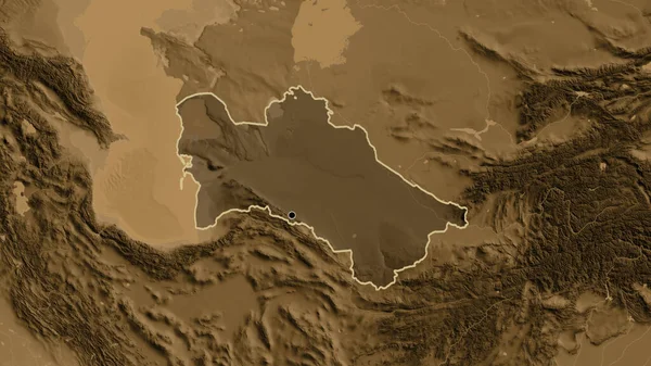 투르크메니스탄 지역의 사진은 세피아 Sepia 지도에 오버레이로 조명되고 나라의 모양을 — 스톡 사진