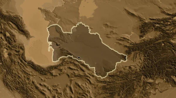Apropierea Zonei Frontieră Turkmenistanului Evidențiază Suprapunere Întunecată Hartă Înălțimii Sepiei — Fotografie, imagine de stoc
