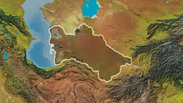 Zbliżenie Strefy Przygranicznej Turkmenistanu Ciemnymi Nakładkami Mapę Topograficzną Główny Punkt — Zdjęcie stockowe