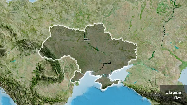 乌克兰边境地区的特写镜头 用卫星地图上的黑暗覆盖突出显示 资本点 风靡全国各地 国家及其首都的英文名称 — 图库照片