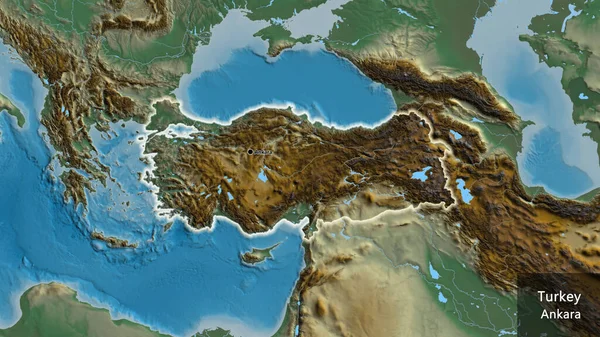 Close Van Het Grensgebied Van Turkije Een Reliëfkaart Hoofdpunt Gloeien — Stockfoto