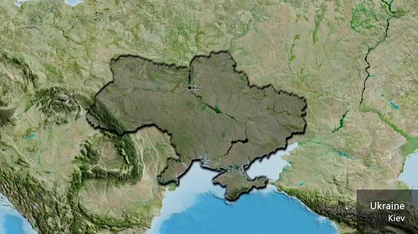 乌克兰边境地区的特写镜头 用卫星地图上的黑暗覆盖突出显示 资本点 这个国家的边缘呈斜角状 国家及其首都的英文名称 — 图库照片