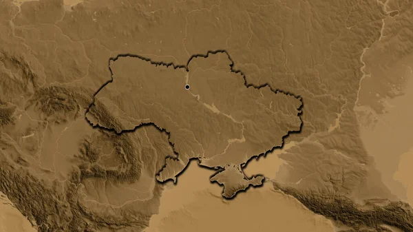 Primer Plano Zona Fronteriza Ucrania Mapa Elevación Sepia Punto Capital — Foto de Stock