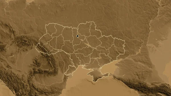 Närbild Ukrainas Gränsområde Och Dess Regionala Gränser Karta Över Sepiahöjder — Stockfoto