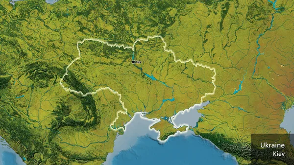 在一张地形图上对乌克兰边境地区进行密切监视 资本点 风靡全国各地 国家及其首都的英文名称 — 图库照片