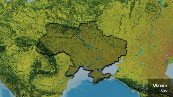 乌克兰边境地区的特写镜头 用地形图上的黑暗覆盖突出显示 资本点 这个国家的边缘呈斜角状 国家及其首都的英文名称 — 图库照片