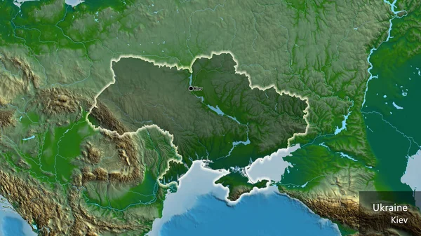 物理的な地図上の暗いオーバーレイで強調ウクライナ国境地域のクローズアップ 資本ポイント 国の形の周りに光る 英名国とその首都 — ストック写真