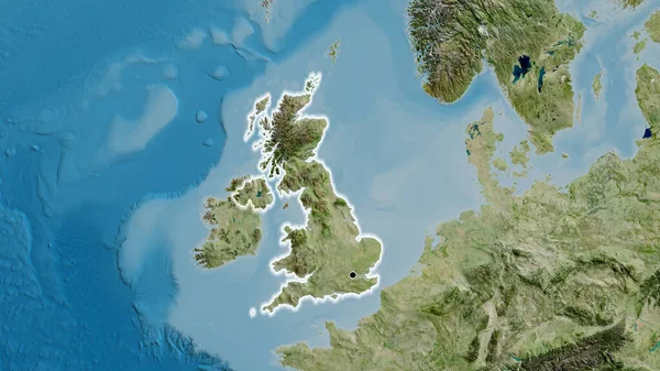 Birleşik Krallık sınır bölgesinin uydu haritasında yakın plan görüntüsü. Ana nokta. Ülke çapında parıltı. 
