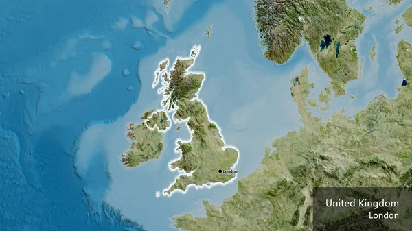 Birleşik Krallık sınır bölgesinin uydu haritasında yakın plan görüntüsü. Ana nokta. Ülke çapında parıldıyor. Ülkenin ve başkentinin İngilizce adı