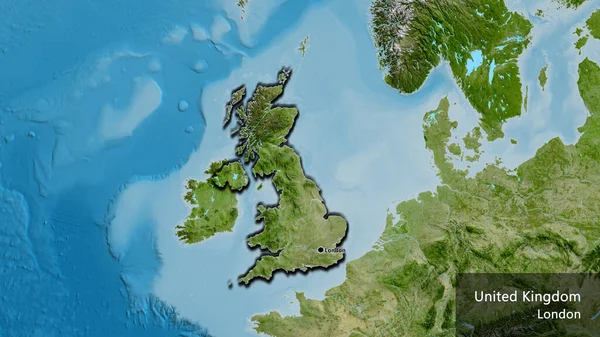 stock image Close-up of the United Kingdom border area on a satellite map. Capital point. Bevelled edges of the country shape. English name of the country and its capital
