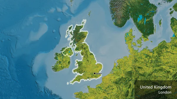 stock image Close-up of the United Kingdom border area on a topographic map. Capital point. Glow around the country shape. English name of the country and its capital