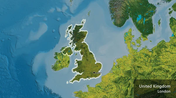 stock image Close-up of the United Kingdom border area highlighting with a dark overlay on a topographic map. Capital point. Glow around the country shape. English name of the country and its capital