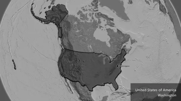 stock image Close-up of the United States of America border area highlighting with a dark overlay on a bilevel map. Capital point. Bevelled edges of the country shape. English name of the country and its capital