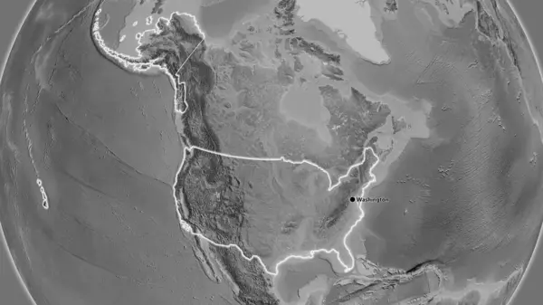 Close-up of the United States of America border area on a grayscale map. Capital point. Glow around the country shape.