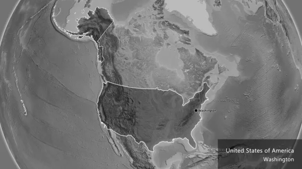 Close-up of the United States of America border area highlighting with a dark overlay on a grayscale map. Capital point. Outline around the country shape. English name of the country and its capital