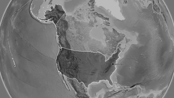 美利坚合众国边境地区的特写镜头 用灰色比例尺地图上的黑暗阴影突出显示 资本点 国家形貌概述 — 图库照片