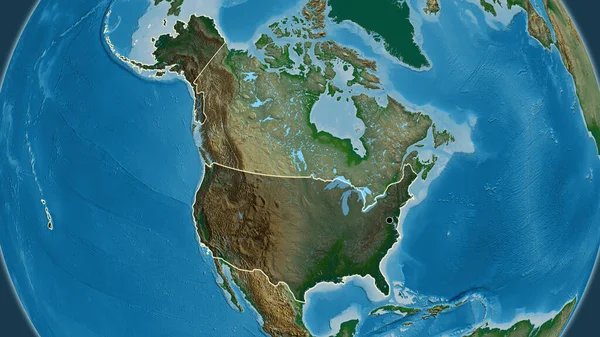 Close-up of the United States of America border area highlighting with a dark overlay on a physical map. Capital point. Outline around the country shape.