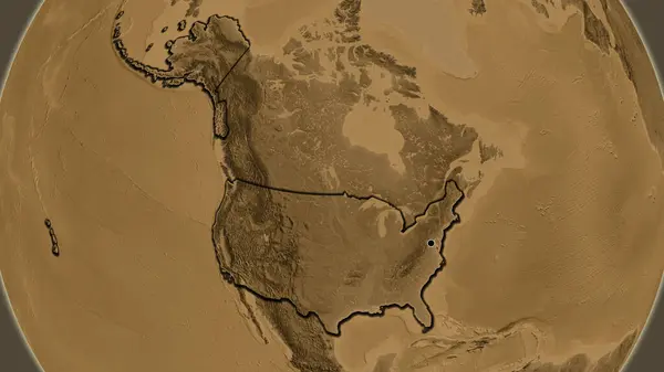 Close-up of the United States of America border area on a sepia elevation map. Capital point. Bevelled edges of the country shape.