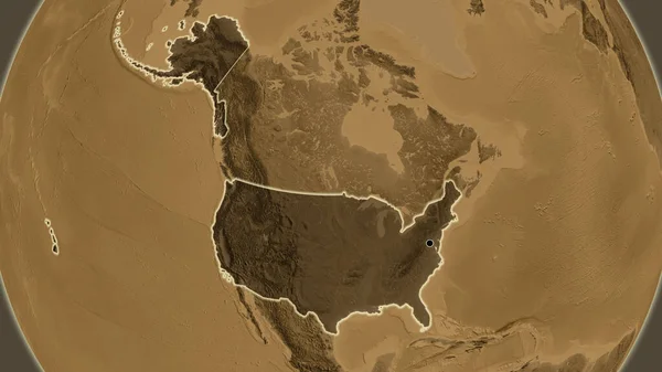 美利坚合众国边境地区的特写镜头突出显示了黑色的覆盖在黑色的高程地图上 资本点 风靡全国 — 图库照片