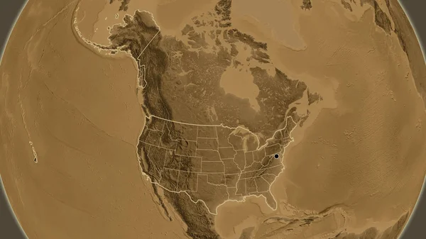 美利坚合众国边境地区及其区域边界的近景 并绘制了一份隔油层高地图 资本点 国家形貌概述 — 图库照片