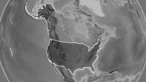 美利坚合众国边境地区的特写镜头 用灰色比例尺地图上的黑暗阴影突出显示 资本点 风靡全国 — 图库照片