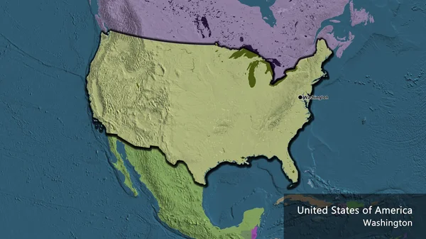 在一份行政地图上对美利坚合众国边境地区进行了密切监视 资本点 这个国家的边缘呈斜角状 国家及其首都的英文名称 — 图库照片